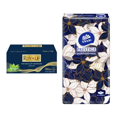 Combo Khăn giấy hộp cao cấp 90 tờ 4 lớp Royale (1 Hộp) + Khăn giấy treo tường Vinda cao cấp 3 lớp gói 212 tờ