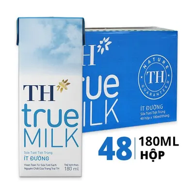 Thùng 48 hộp sữa tươi tiệt trùng TH True Milk ít đường 180ml