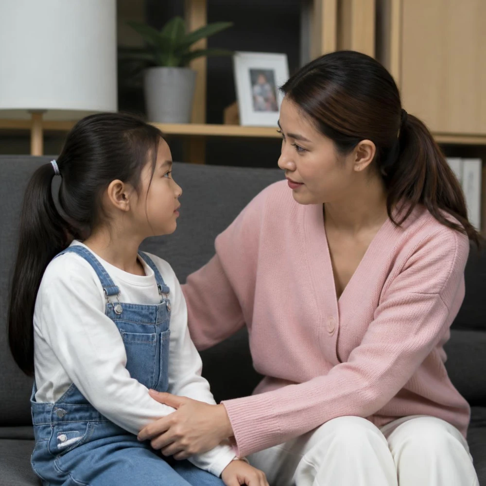 Mẹ giữ bình tĩnh và mỉm cười dịu dàng hẹn con nói chuyện sau bữa tối. (Ảnh được tạo bởi AI)