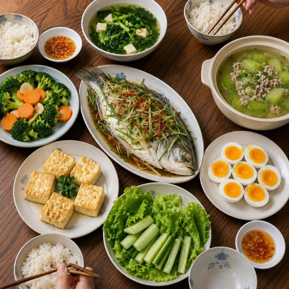 Bữa cơm tối gia đình với nhiều rau xanh và thực phẩm giàu dinh dưỡng cho học sinh.