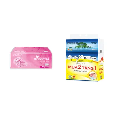 Combo Khăn giấy rút soft pack Bless You 2 lớp gói 250 tờ + Lốc khăn giấy rút Vinatissue Premier 280 tờ 2 lớp 500g