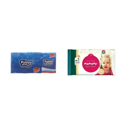 Combo Lốc 6 gói khăn giấy Pulppy bỏ túi hương quế + Khăn ướt vệ sinh không mùi Mamamy gói 100 tờ
