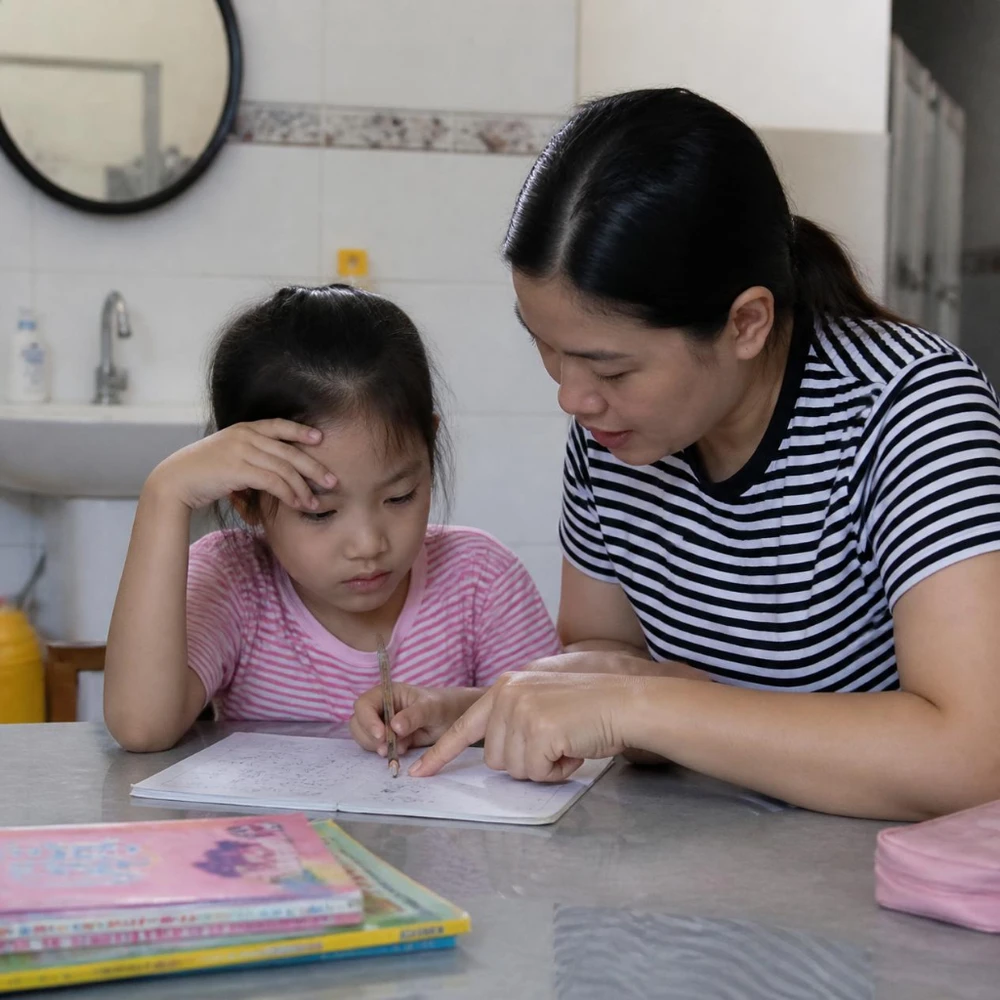 Làm thay con khi gặp bài khó không giúp con tự giác, thành công phải do con tự tạo ra mới tạo động lực thật. (Ảnh được tạo bởi AI) 