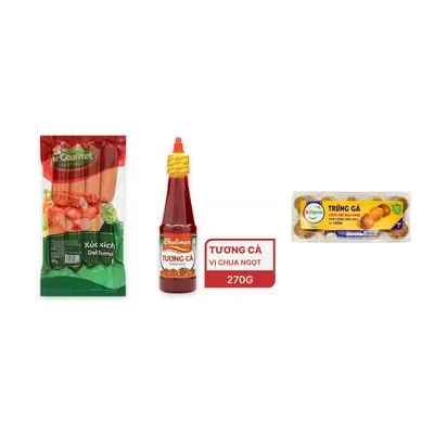 Combo Xúc xích Deli Sumo Le Gourmet + Tương cà chai Cholimex chai PET + Trứng gà lòng đỏ đậm màu VFarm