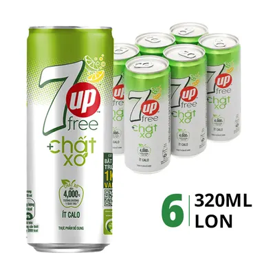 Lốc 6 lon nước ngọt 7UP bổ sung chất xơ ít calo 320ml