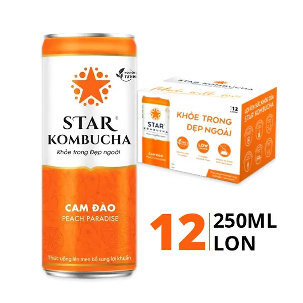 Thùng 12 lon trà lên men bổ sung lợi khuẩn Star Kombucha vị cam đào 250ml