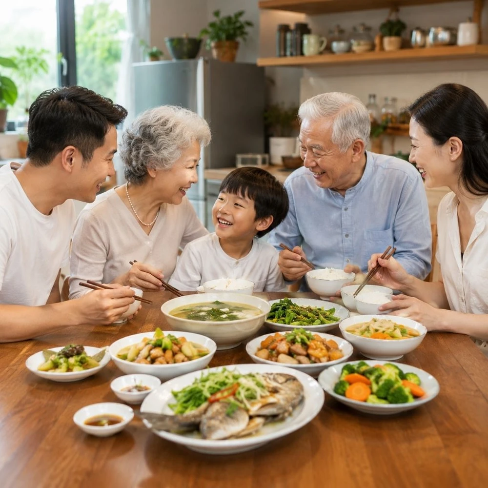 Mâm cơm gia đình nhiều thế hệ với rau củ, thịt cá đa dạng, dinh dưỡng gia đình 3 thế hệ. (Ảnh được tạo bởi AI)