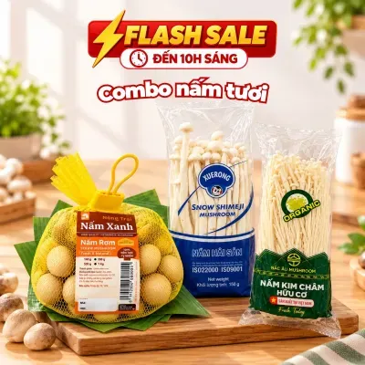 Combo nấm tươi: nấm rơm, nấm hải sản, nấm kim châm