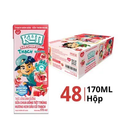 Thùng 48 hộp sữa chua uống tiệt trùng Kun hương dâu có thạch 170ml