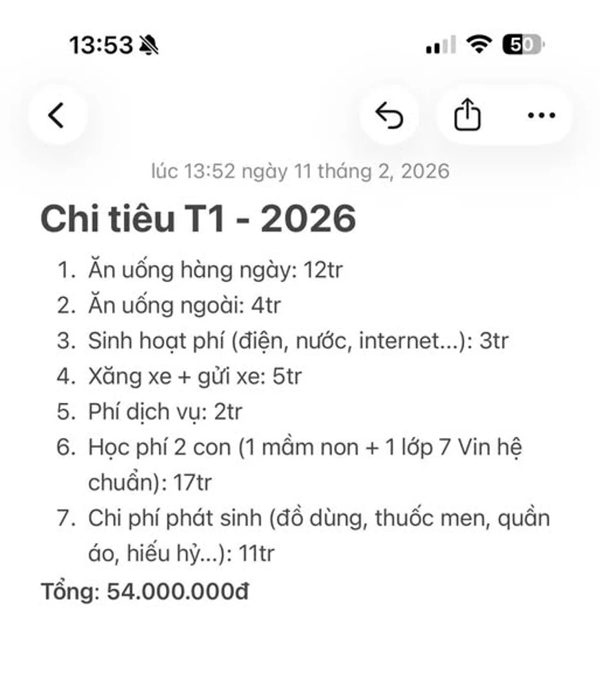 Bảng chi tiêu của gia đình 2 vợ chồng, 1 bé mầm non và 1 bé lớp 7. (Nguồn: Internet)  