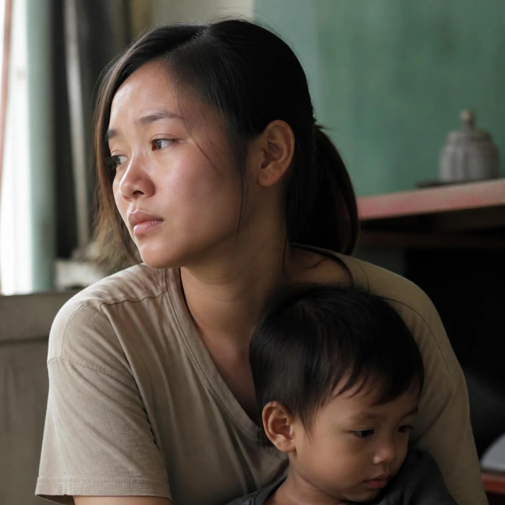 Mẹ đơn thân buồn bã suy nghĩ khi chưa nguôi ngoai chuyện cũ. (Ảnh được tạo bởi AI)