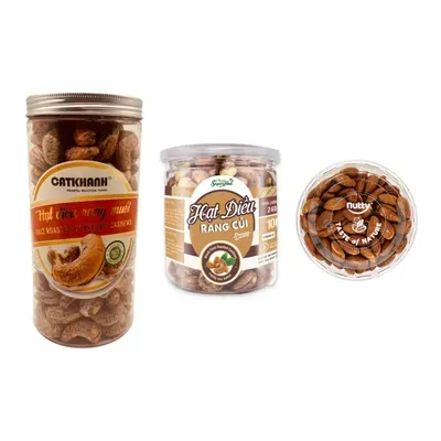 Combo Hạt điều rang muối vỏ lụa Cát Khánh + Hạt điều rang củi vỏ lụa thượng + Hạnh nhân nướng tự nhiên Nutty