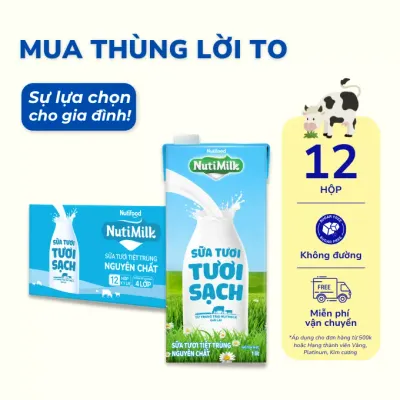 Thùng 12 hộp sữa tươi tươi sạch Nuti không đường 1L