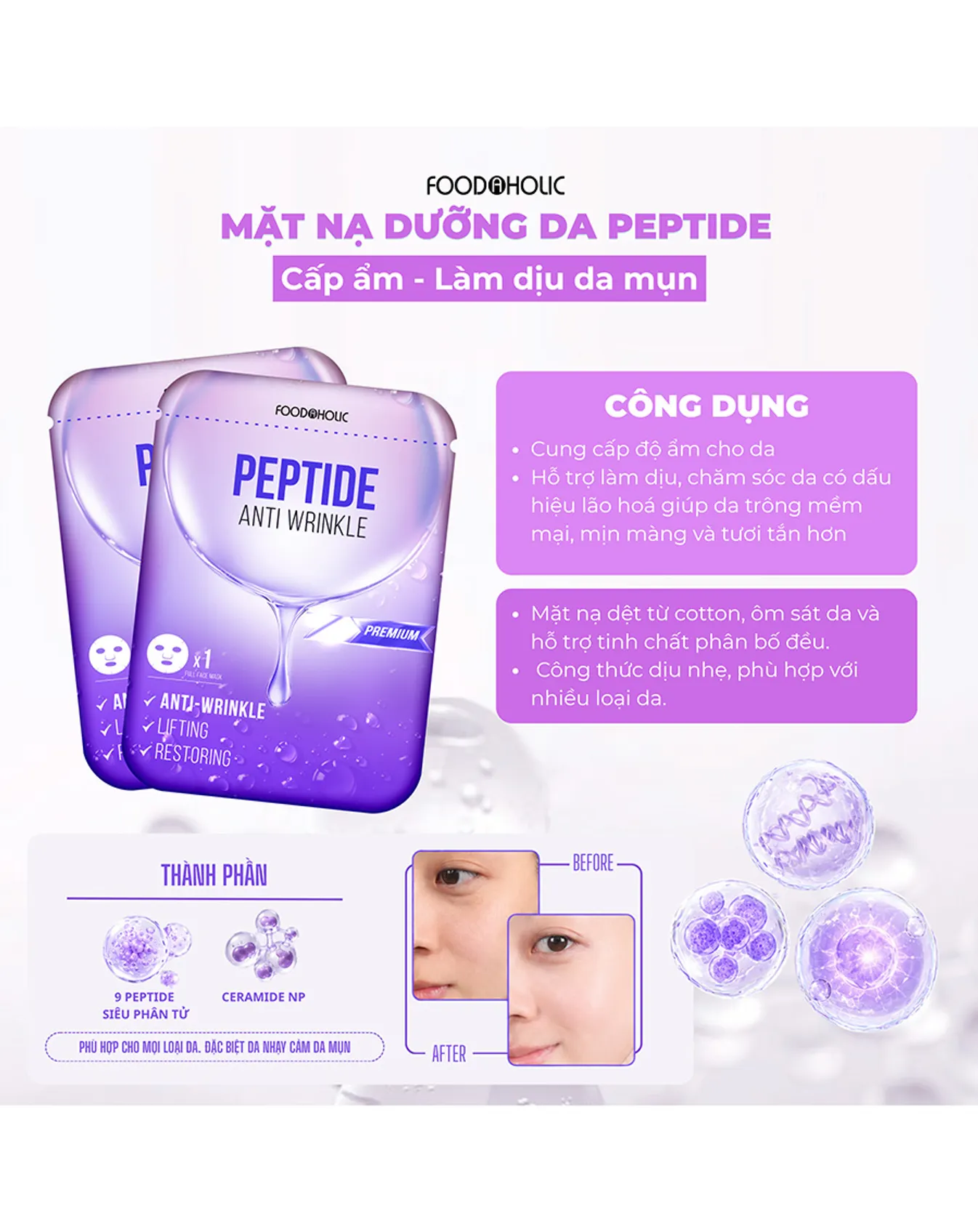 Mặt nạ Foodaholic Trẻ Hóa, Lấp Đầy Nếp Nhăn Peptide Anti Wrinkle Mask 23ml - Image 2