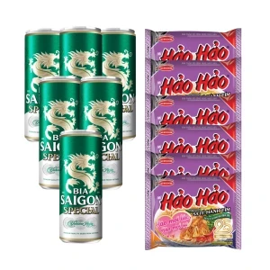 Combo 6 lon bia Saigon Special 330ml và 6 gói mì Hảo Hảo sa tế hành tím