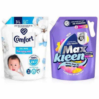 Combo Nước xả mềm vải dịu nhẹ thơm hương phấn Comfort + Nước giặt xả hương dấu ấn ngọt ngào Maxkleen