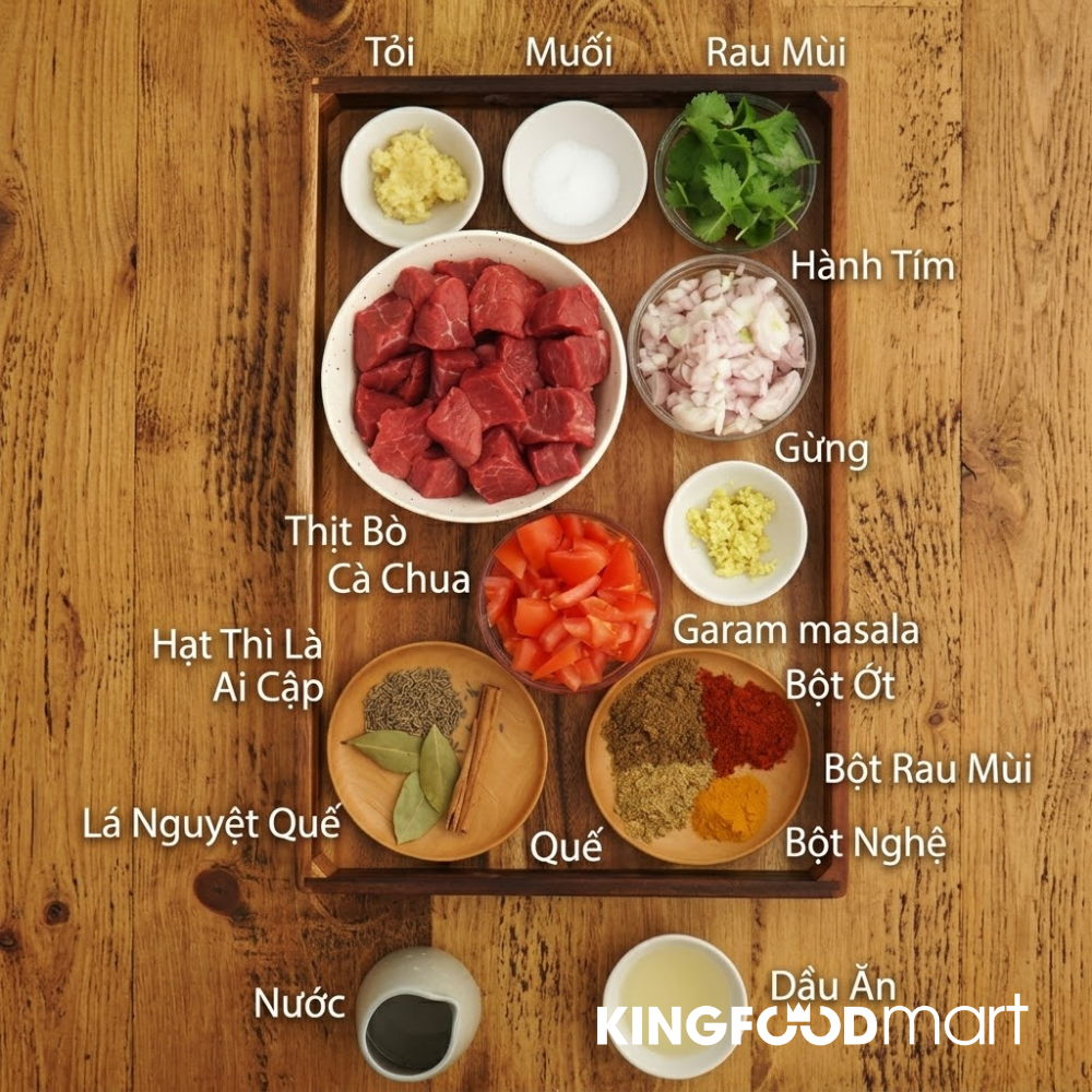 Gia vị cà ri bò Ấn Độ đặc trưng với sự kết hợp nhiều loại hương liệu khô và tươi.