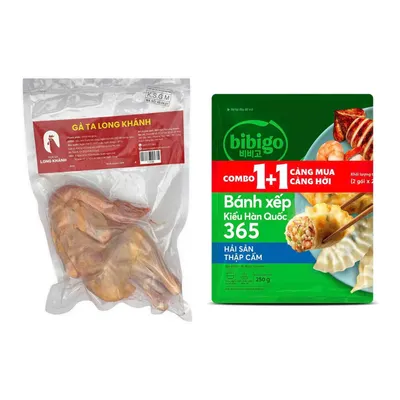 Combo Gà ta Long Khánh LK gói 1-1.2kg (1 Gói) + Bánh xếp kiểu Hàn Quốc 365 hải sản thập cẩm CJ Bibigo 250g x 2 gói