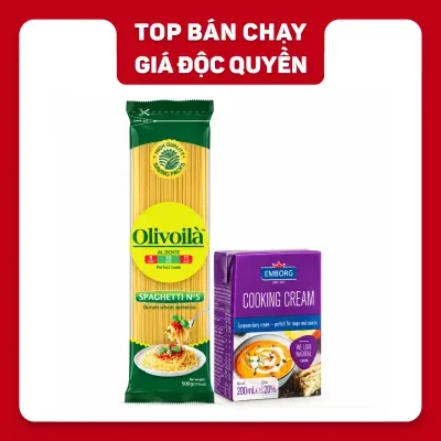 Combo mì spaghetti sốt kem: kem sữa Emborg và mì ý spaghetti Olivoila