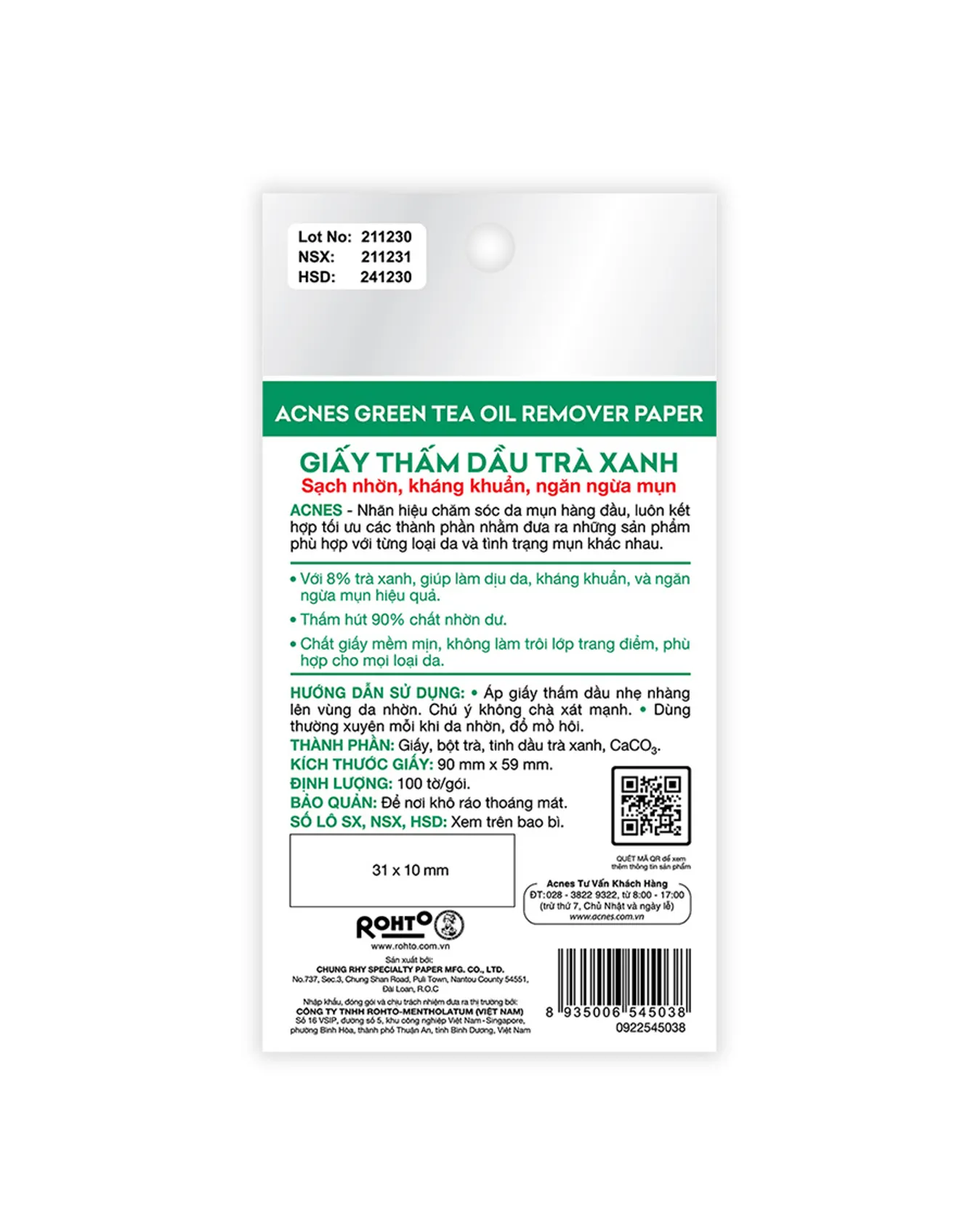 Giấy Thấm Dầu Acnes Trà Xanh Green Tea Oil Remover Paper 100 Tờ - Image 2