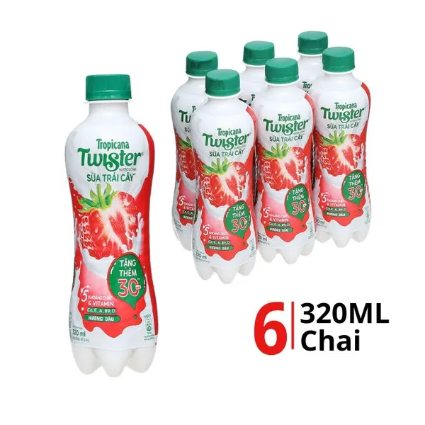 Lốc 6 chai nước uống sữa trái cây Twister hương dâu 320ml