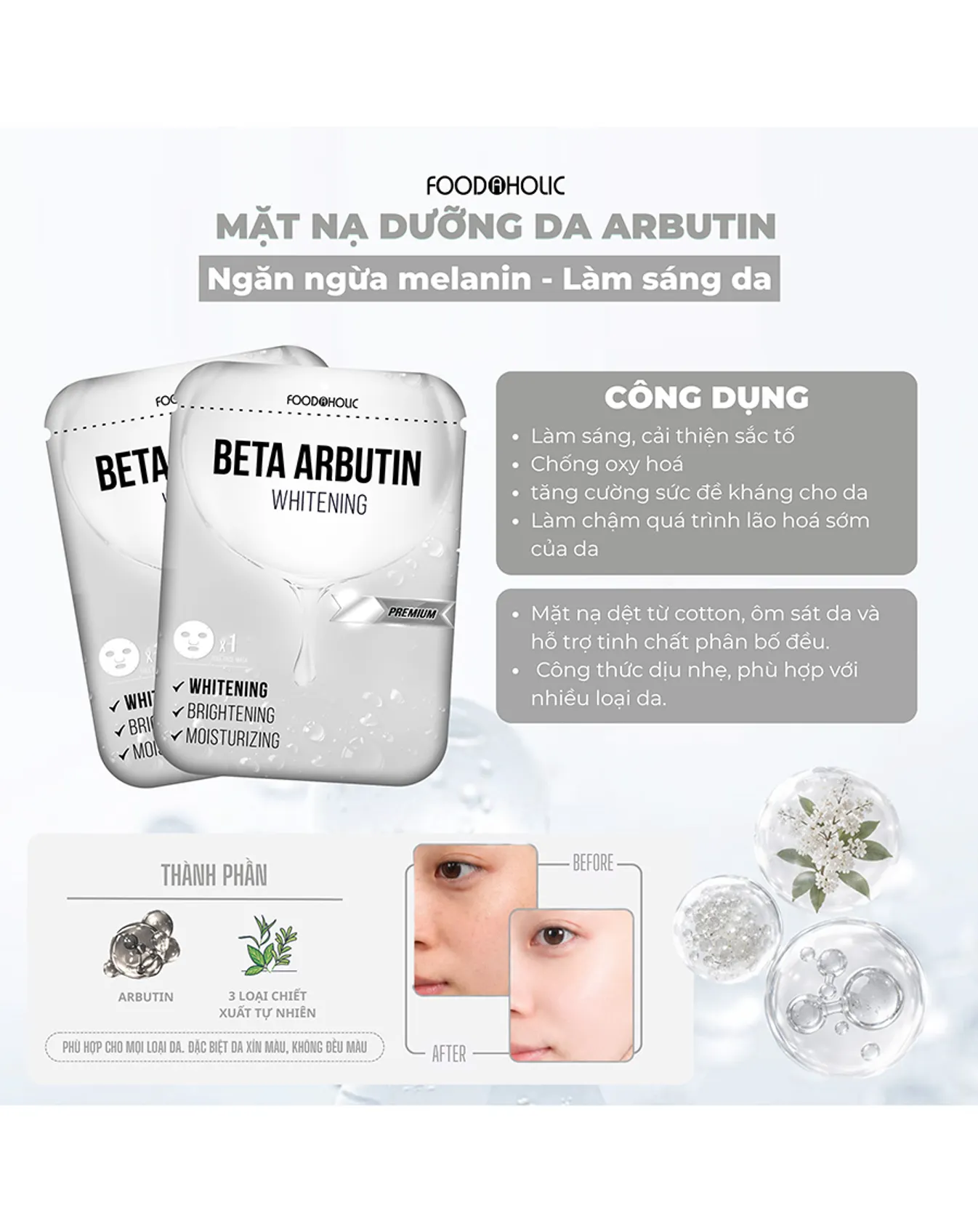 Mặt Nạ Foodaholic Trắng Da, Làm Đều Màu Da Beta Arbutin Whitening Mask Dưỡng 23ml - Image 2