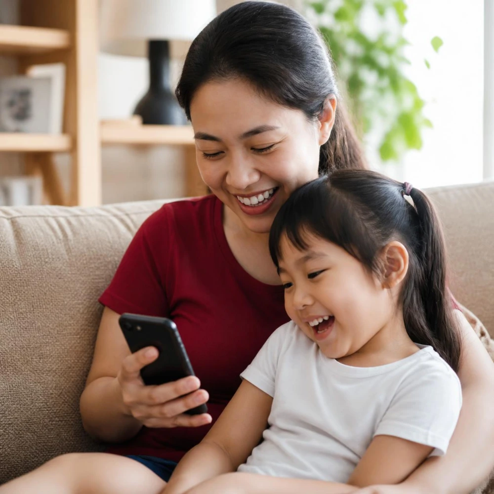 Bé từ 2 đến 5 tuổi xem video giáo dục trên điện thoại cùng sự hướng dẫn của phụ huynh. (Ảnh được tạo bởi AI)