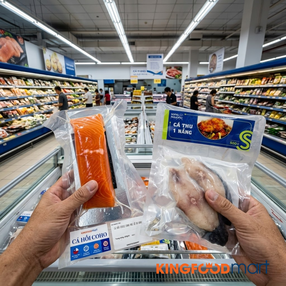 Mua cá hồi và cá thu tươi tại Kingfoodmart đạt chuẩn, truy xuất nguồn gốc minh bạch.