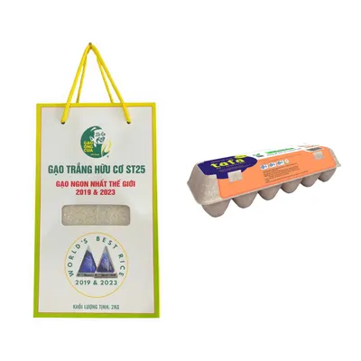 Combo Gạo ST25 hữu cơ Ông Cua hộp 2kg (1 Hộp) + Trứng gà sạch Tafa hộp giấy 70g ± 2g Tafa hộp 10 quả