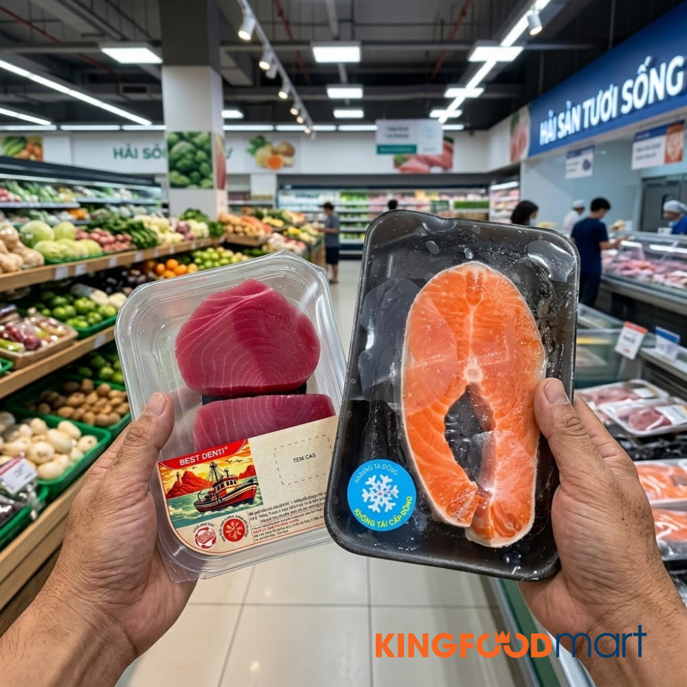 Mua cá hồi và cá ngừ ở đâu uy tín tại Kingfoodmart đảm bảo hải sản tươi rõ nguồn gốc.