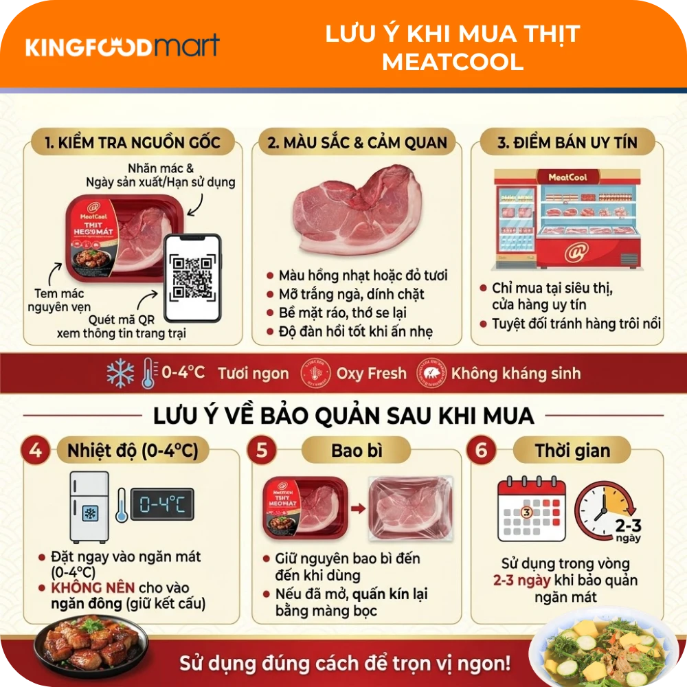 Quan sát kỹ màu sắc tươi hồng và kiểm tra tem mác, mã QR trên bao bì để đảm bảo mua đúng thịt MeatCool chuẩn chất lượng.