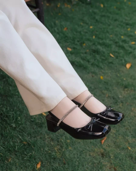 Giày Cao Gót Slingback Phối Nơ Và Dây Kim Tuyến