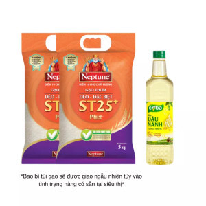 Combo 2 gạo thơm dẻo Neptune ST25 5kgx2 & Dầu ăn đậu nành tự nhiên COBA 1L
