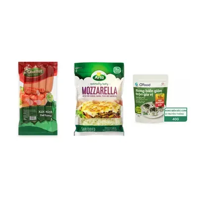 Combo Xúc xích Deli Sumo Le Gourmet + Phô mai bào mozzarella Arla + Rong biển giòn trộn gia vị O'food