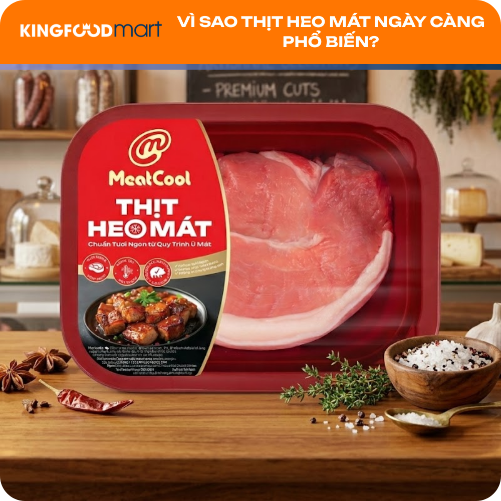 Thịt heo mát MeatCool đóng khay trên bàn bếp, minh họa xu hướng thịt heo mát ngày càng phổ biến.