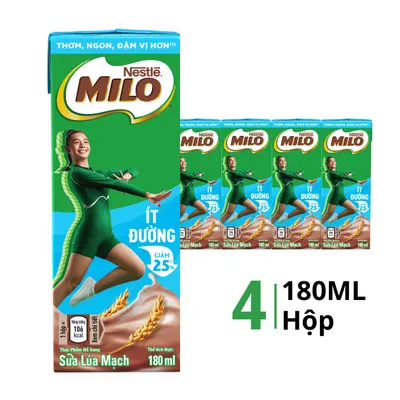 Lốc 4 hộp sữa tiệt trùng Milo ít đường 180ml