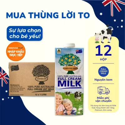 Thùng 12 hộp sữa tươi tiệt trùng Lemontree Dairy nguyên kem 1L