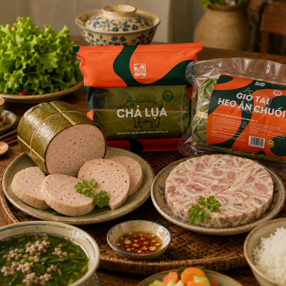 Chả lụa HAHA và giò tai heo HAHA từ heo ăn chuối, không chất bảo quản tổng hợp.