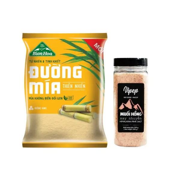 Combo đường mía thiên nhiên Biên Hoà 1kg và Muối hồng xay nhuyễn Vipep 500g