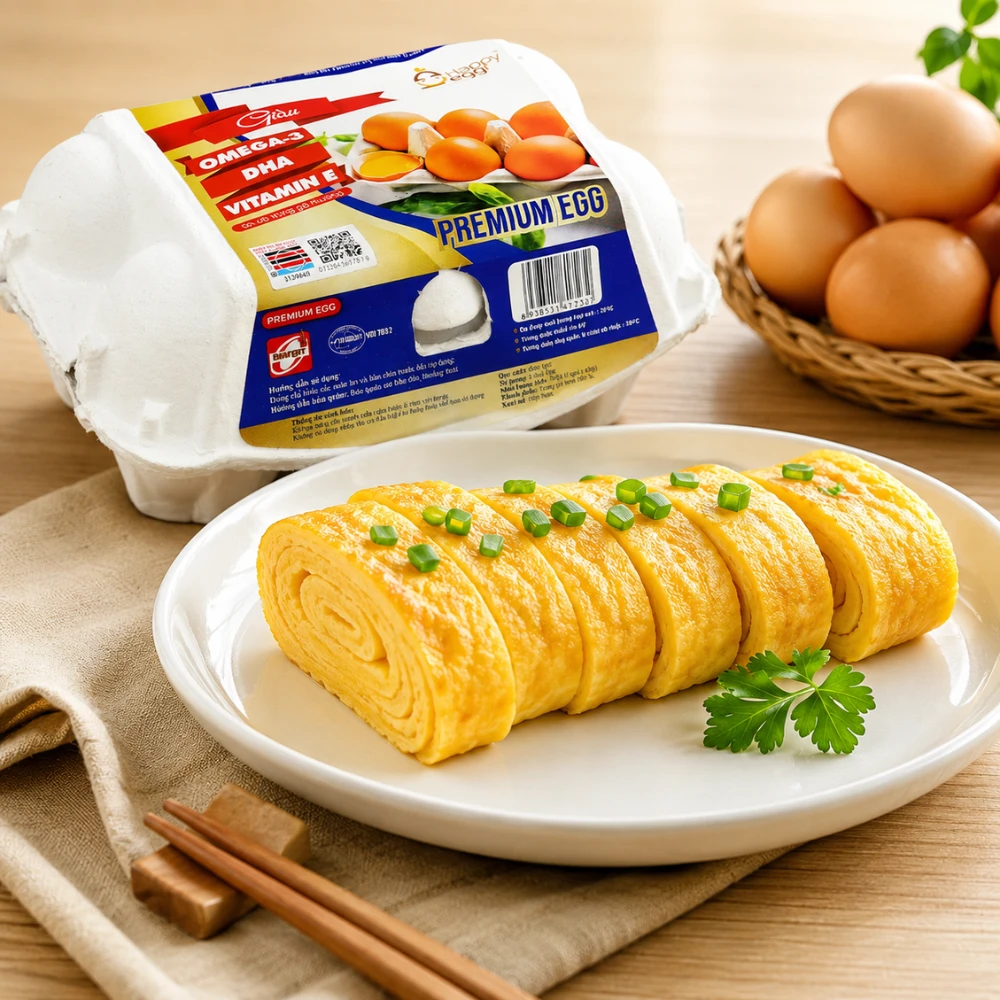 Trứng gà Happy Egg Cage Free Tick Xanh không nhốt chuồng lồng, trứng giàu dinh dưỡng tự nhiên, đồ hộp an toàn cho gia đình.
