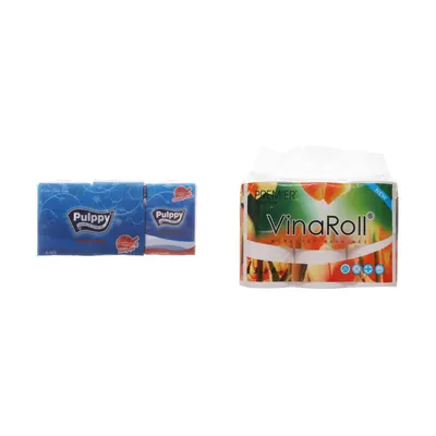 Combo Lốc 6 gói khăn giấy Pulppy bỏ túi hương quế + Lốc 6 cuộn giấy vệ sinh VinaRoll Premier 3 lớp không lõi