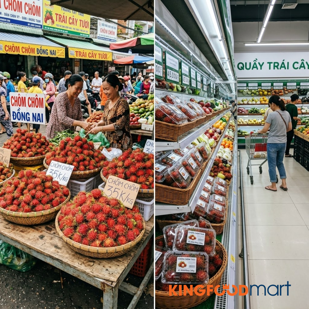Giá chôm chôm nhãn và chôm chôm Thái hôm nay so sánh tại chợ và siêu thị.  
