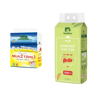 Combo Lốc khăn giấy rút Vinatissue Premier 280 tờ 2 lớp 500g + Khăn rút treo tường 4 lớp Hannah-Seyo gói 1280 tờ