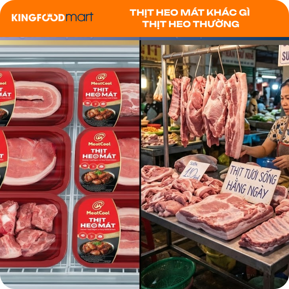 So sánh thịt heo mát đóng khay bảo quản lạnh trong siêu thị và thịt heo tươi bán tại chợ truyền thống.