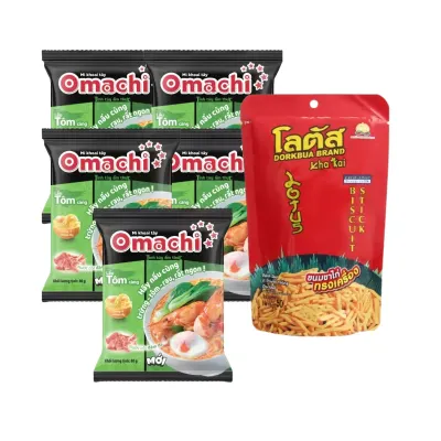 Combo chill đêm: 5 gói mì Omachi khoai tây và bánh que truyền thống Dorkbua