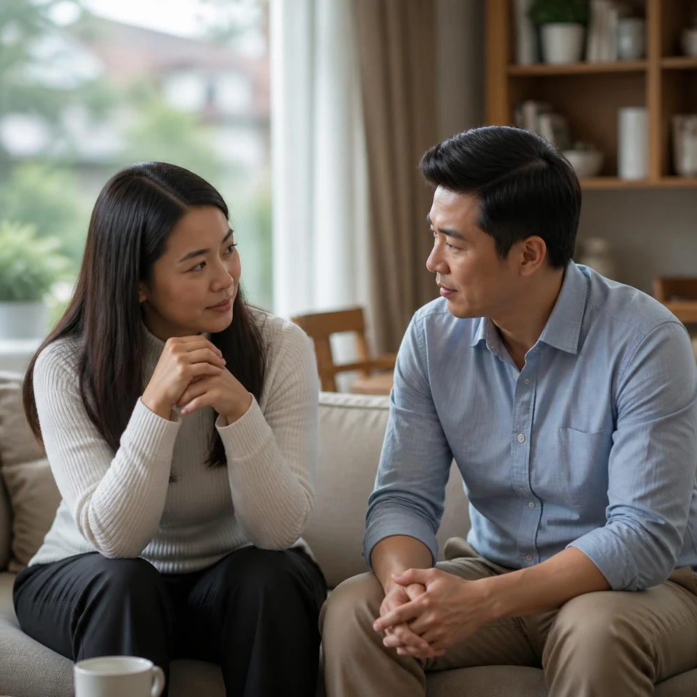 Cặp đôi cùng ngồi lại nói chuyện là bước quan trọng trong tái hợp với chồng cũ bền vững. (Ảnh được tạo bởi AI)